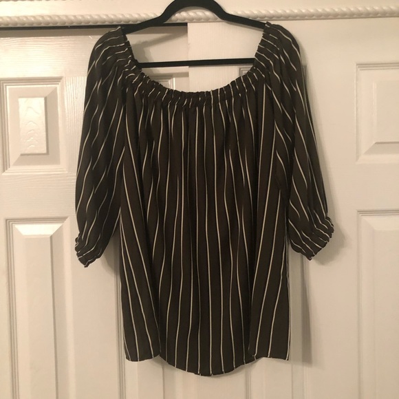 Pinstriped Off the Shoulder Blouse Olive Green 2X Dark Academia Boho Poetcore - Picture 4 of 5